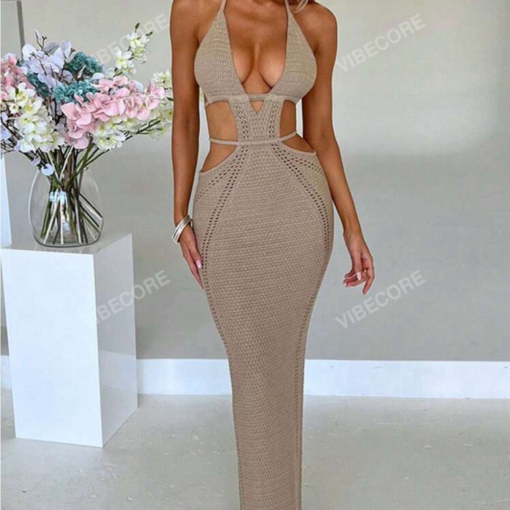 Elegant Beach Knit Tan Cutout Maxi Dress
